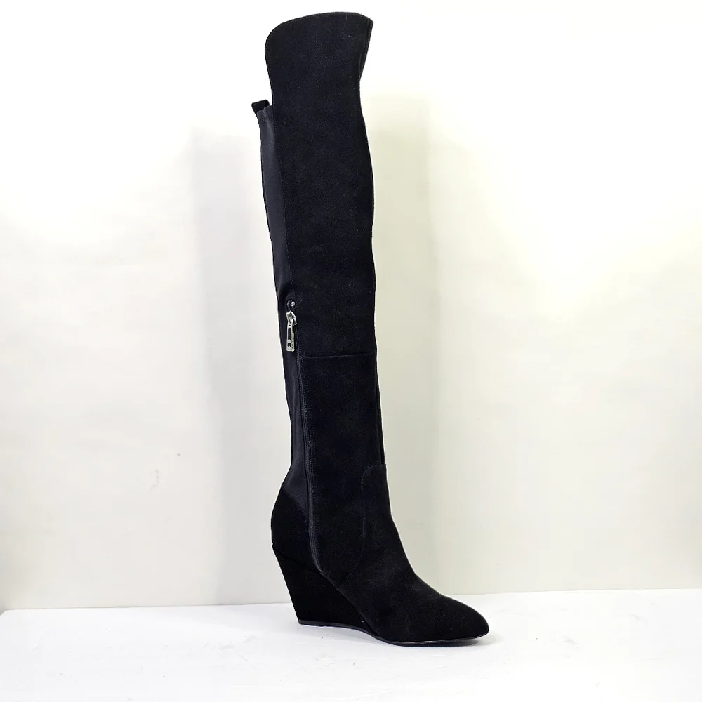 Charles David Edie Black Suede Knee High Wedge Boots - Picture 6 of 8